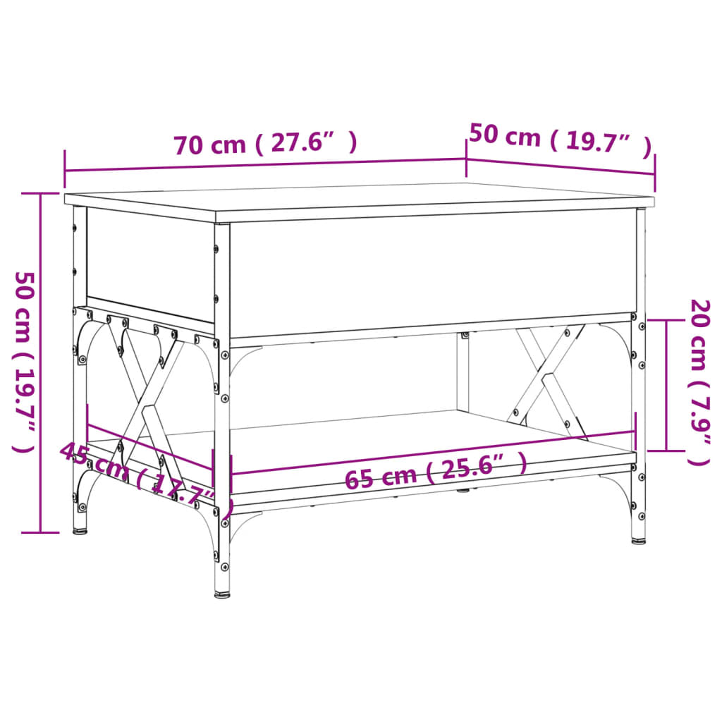 sofabord 70x50x50 cm konstrueret træ og metal grå sonoma-eg