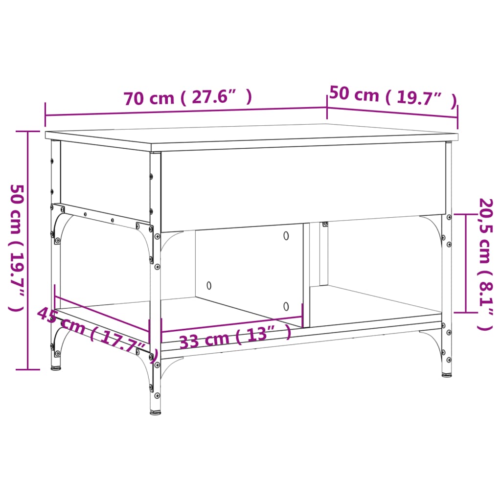 sofabord 70x50x50 cm konstrueret træ og metal grå sonoma-eg