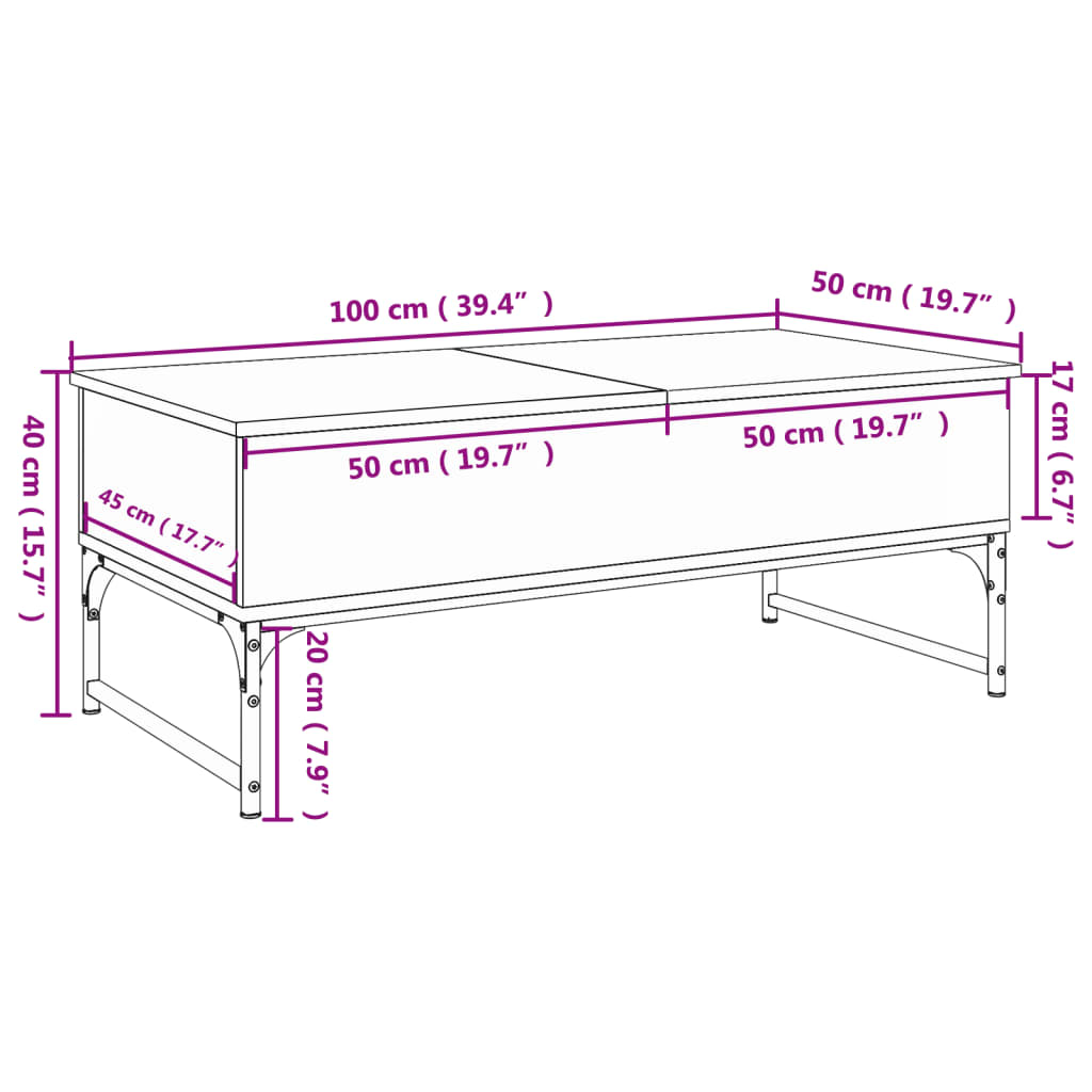 sofabord 100x50x40 cm konstrueret træ og metal sonoma-eg