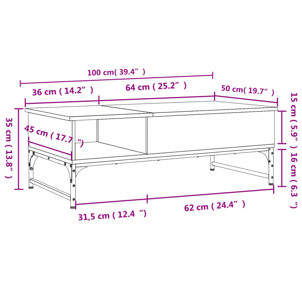 sofabord 100x50x35 cm massivt konstrueret træ og metal sort