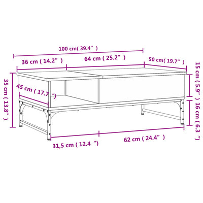 sofabord 100x50x35 cm massivt konstrueret træ og metal sort