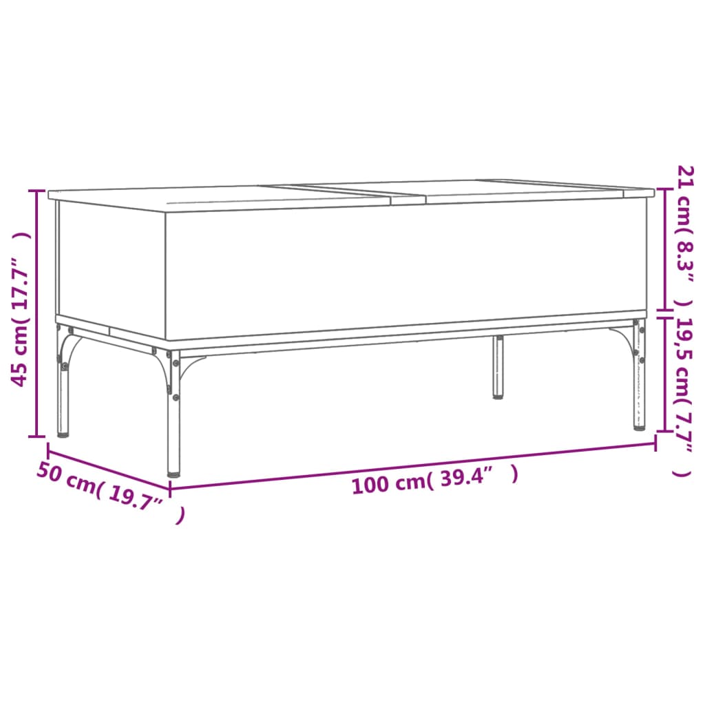 sofabord 100x50x45 cm konstrueret træ og metal grå sonoma-eg