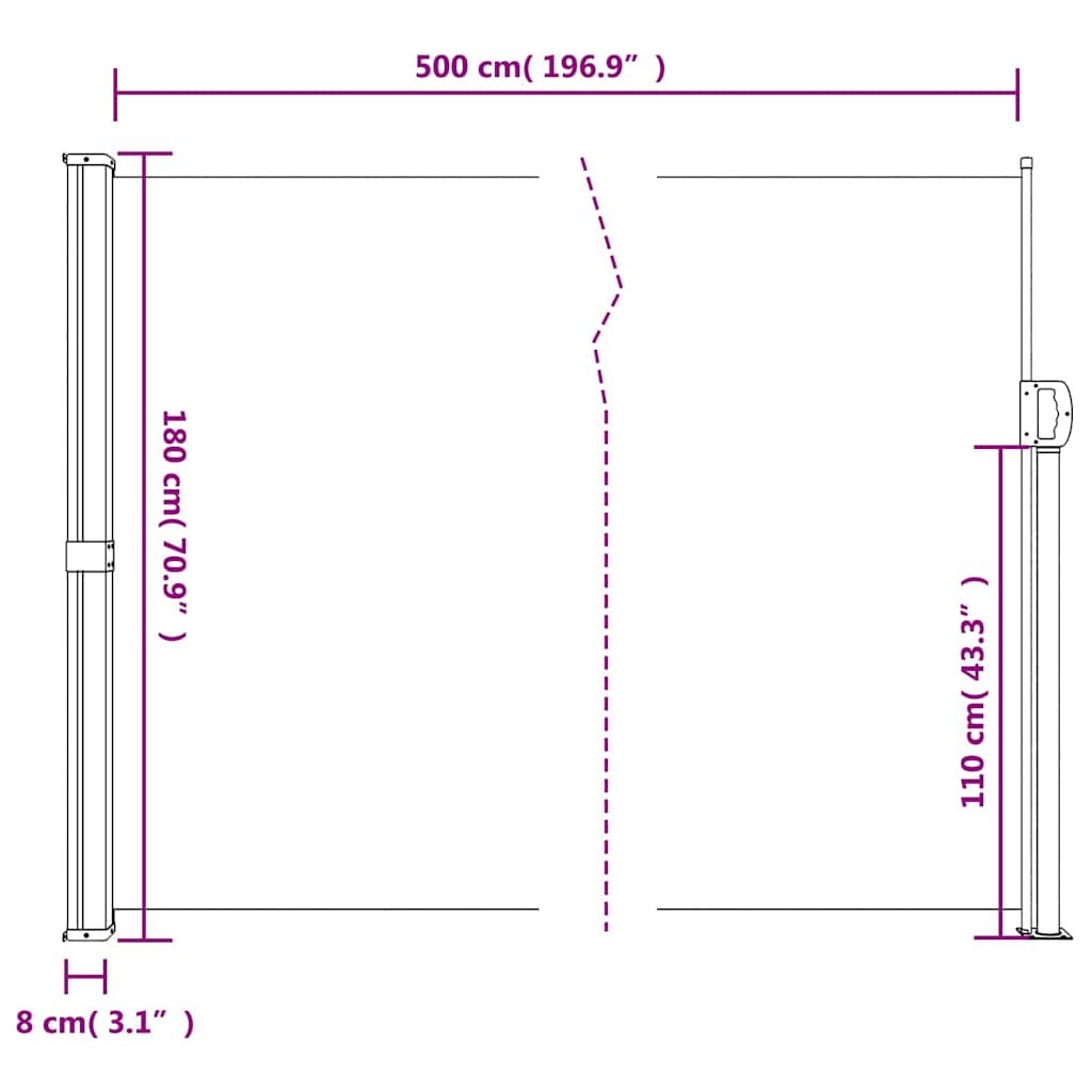 sidemarkise 180x500 cm sammenrullelig sort