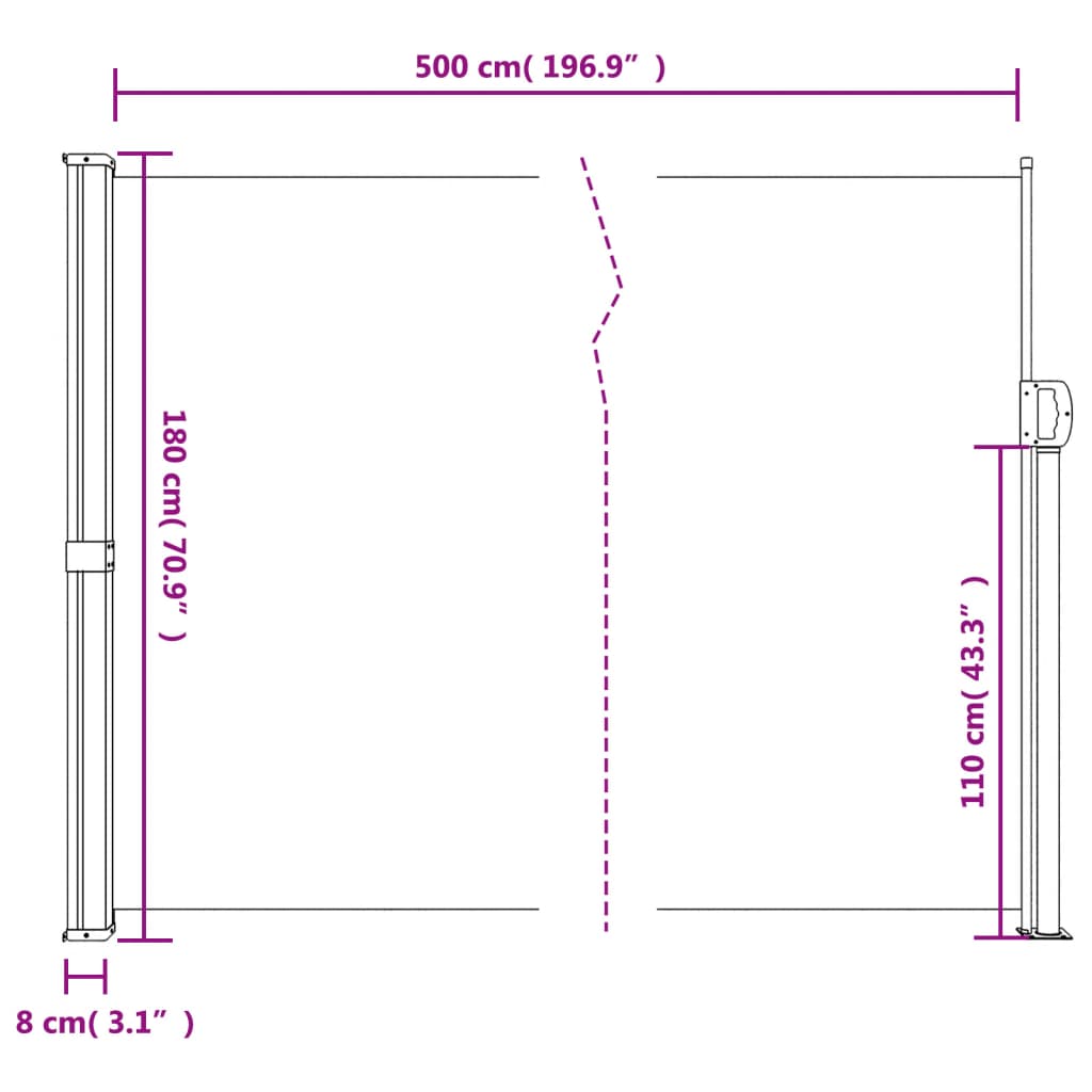 sammenrullelig sidemarkise 180x500 cm gråbrun