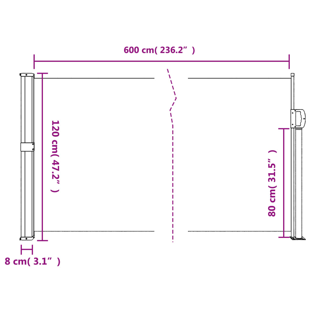 sammenrullelig sidemarkise 120 x 600 cm red