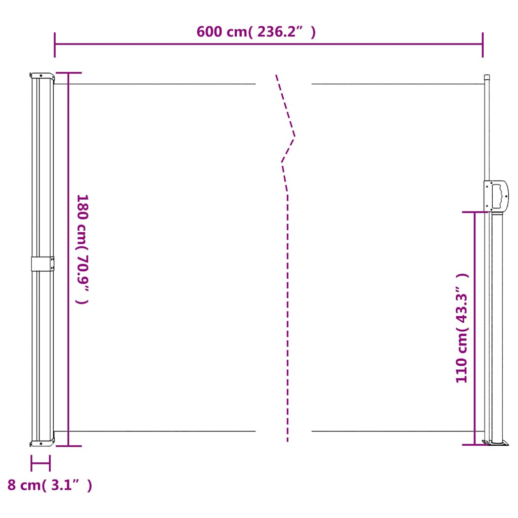 sammenrullelig sidemarkise 180x600 cm beige