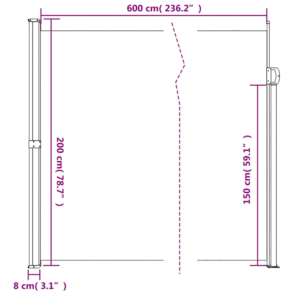 sammenrullelig sidemarkise 200x600 cm sort