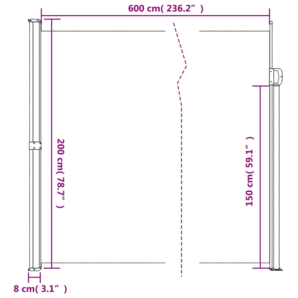 sammenrullelig sidemarkise 200x600 cm hvid