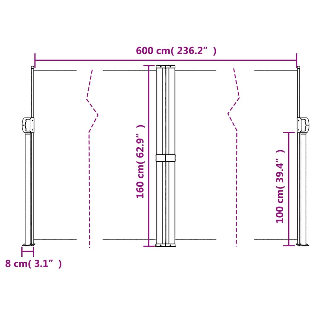 sammenrullelig sidemarkise 160 x 600 cm sort