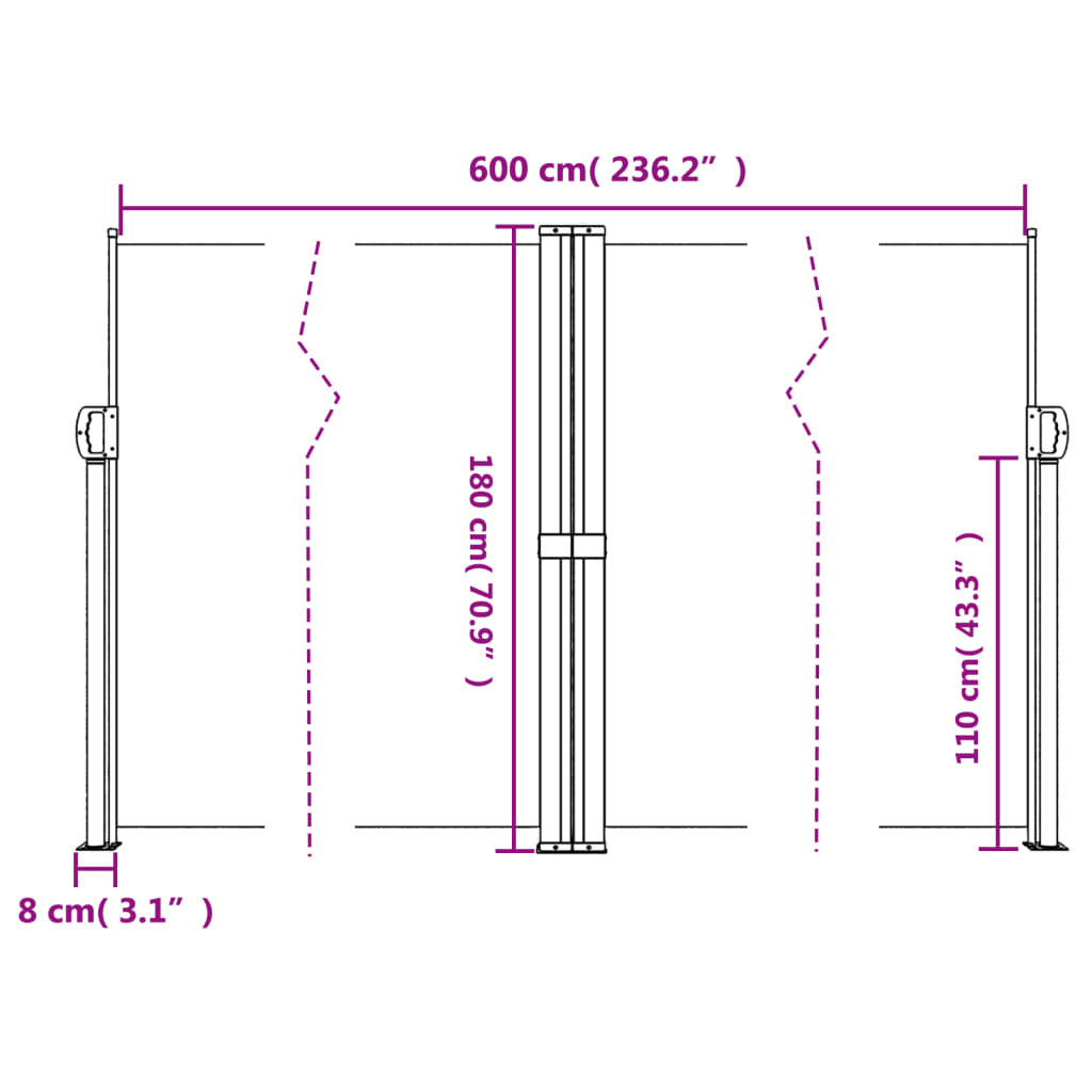 sammenrullelig sidemarkise 180x600 cm sort