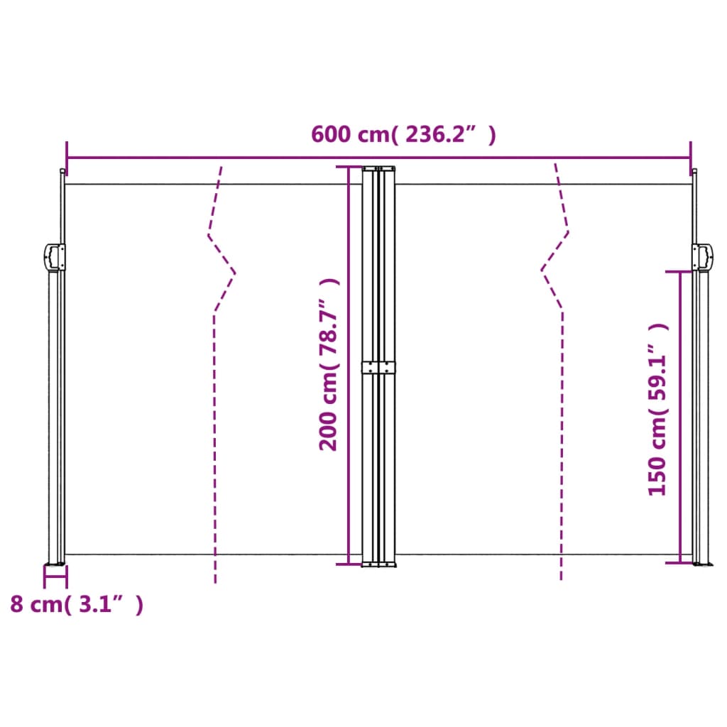 sammenrullelig sidemarkise 200x600 cm sort