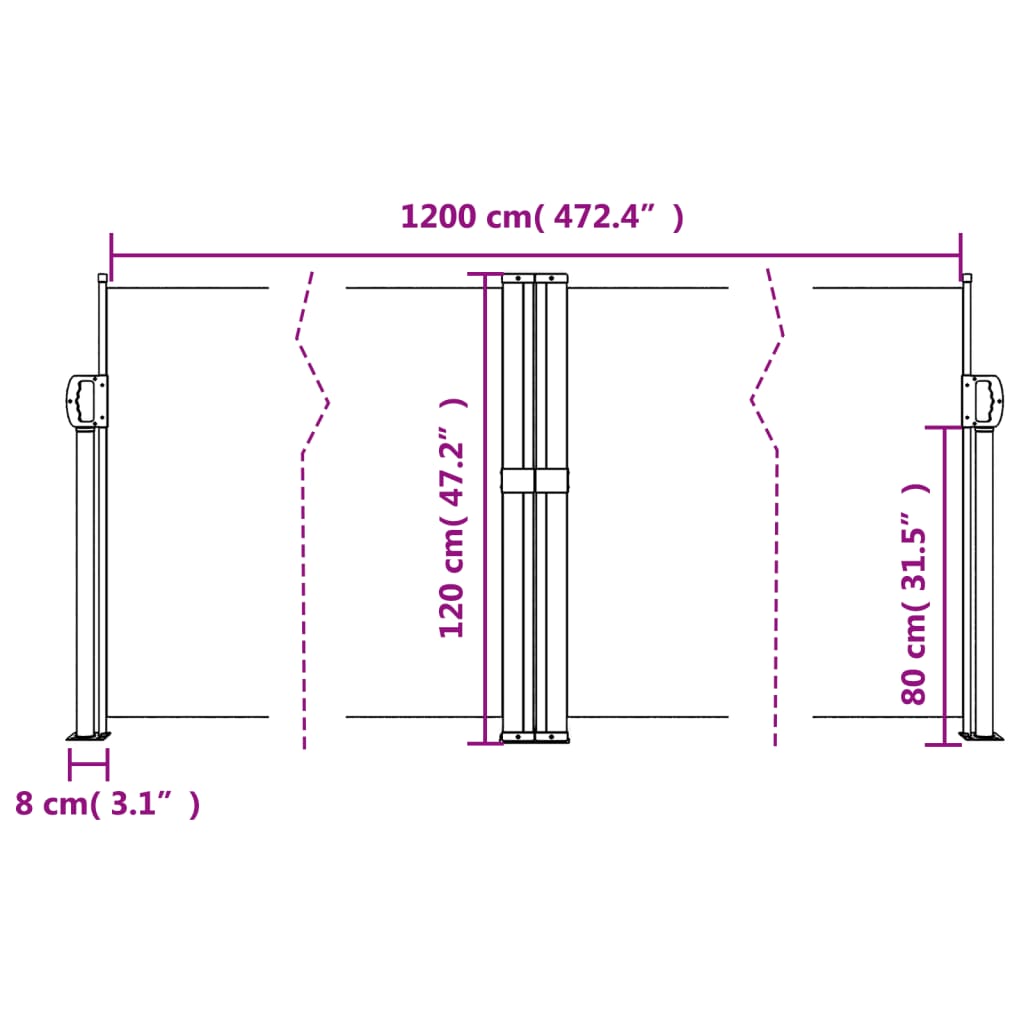 sidemarkise 120x1200 cm sammenrullelig sort