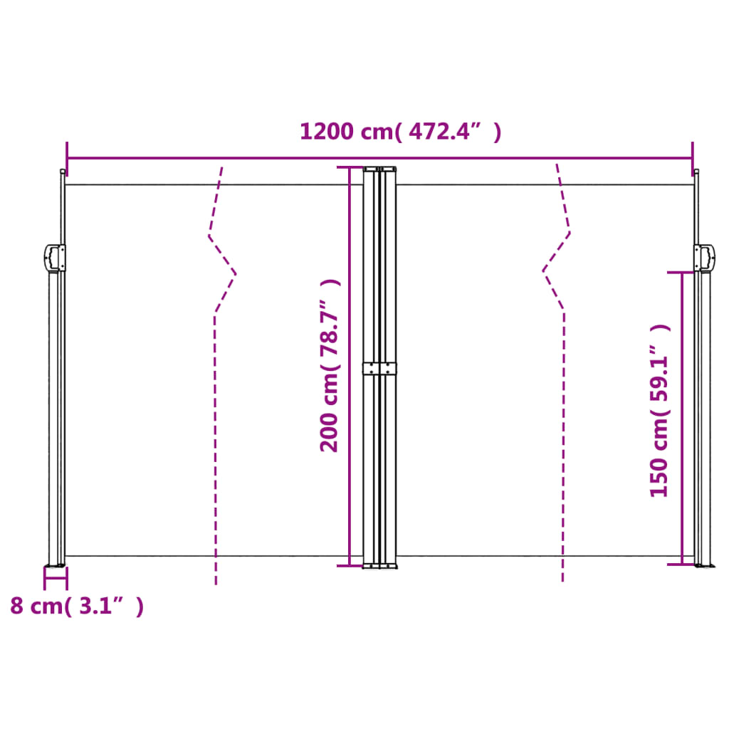 sidemarkise 200x1200 cm sammenrullelig blå