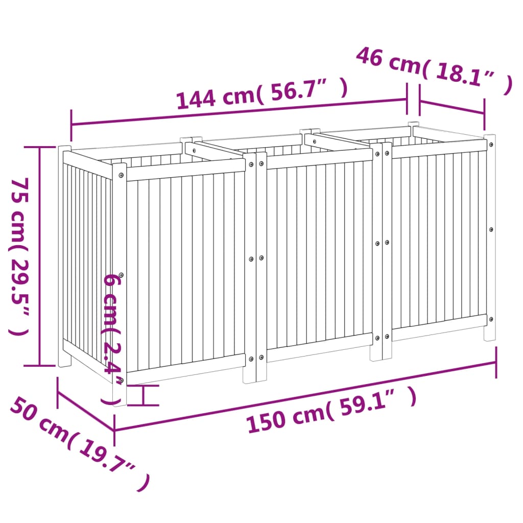 plantekasse med for 150x50x75 cm massivt akacietræ