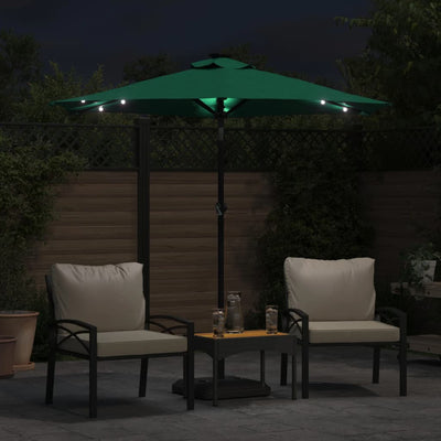 parasol med LED-lys og stålstang 225x225x212 cm grøn