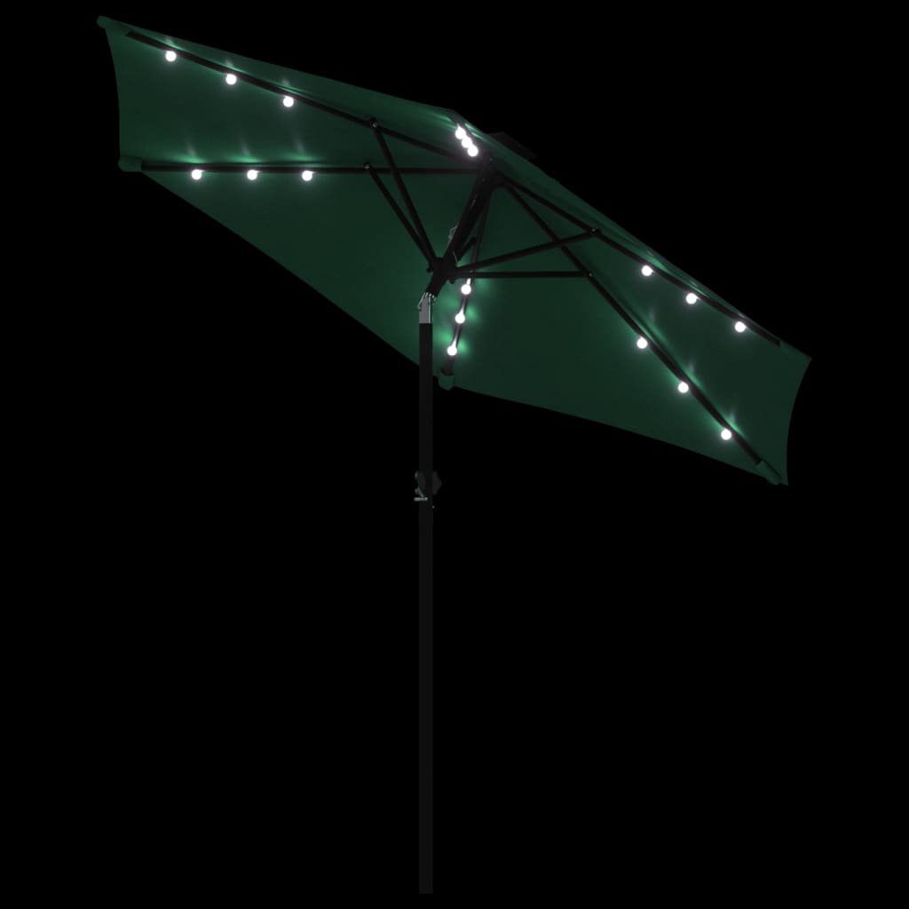 parasol med LED-lys og stålstang 225x225x212 cm grøn