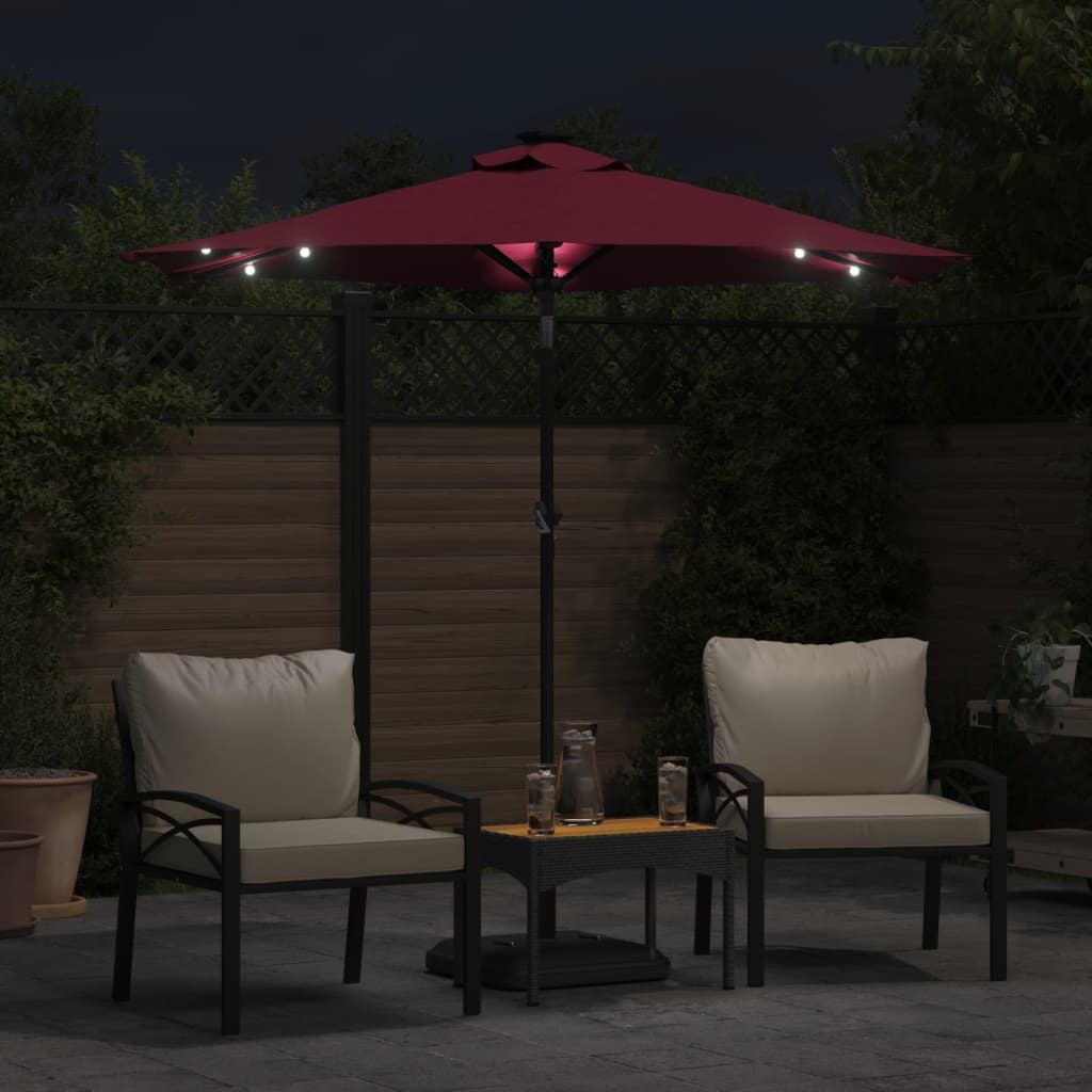 parasol med LED-lys og stålstang 225x225x212 cm bordeauxfarvet