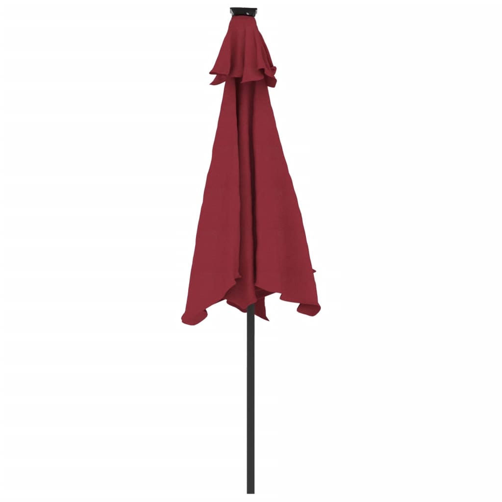 parasol med LED-lys og stålstang 225x225x212 cm bordeauxfarvet