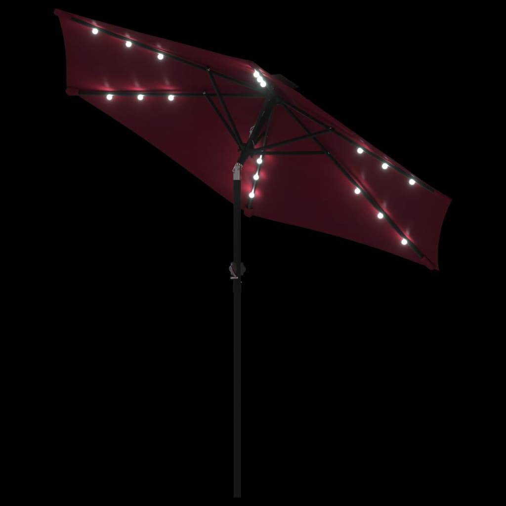 parasol med LED-lys og stålstang 225x225x212 cm bordeauxfarvet