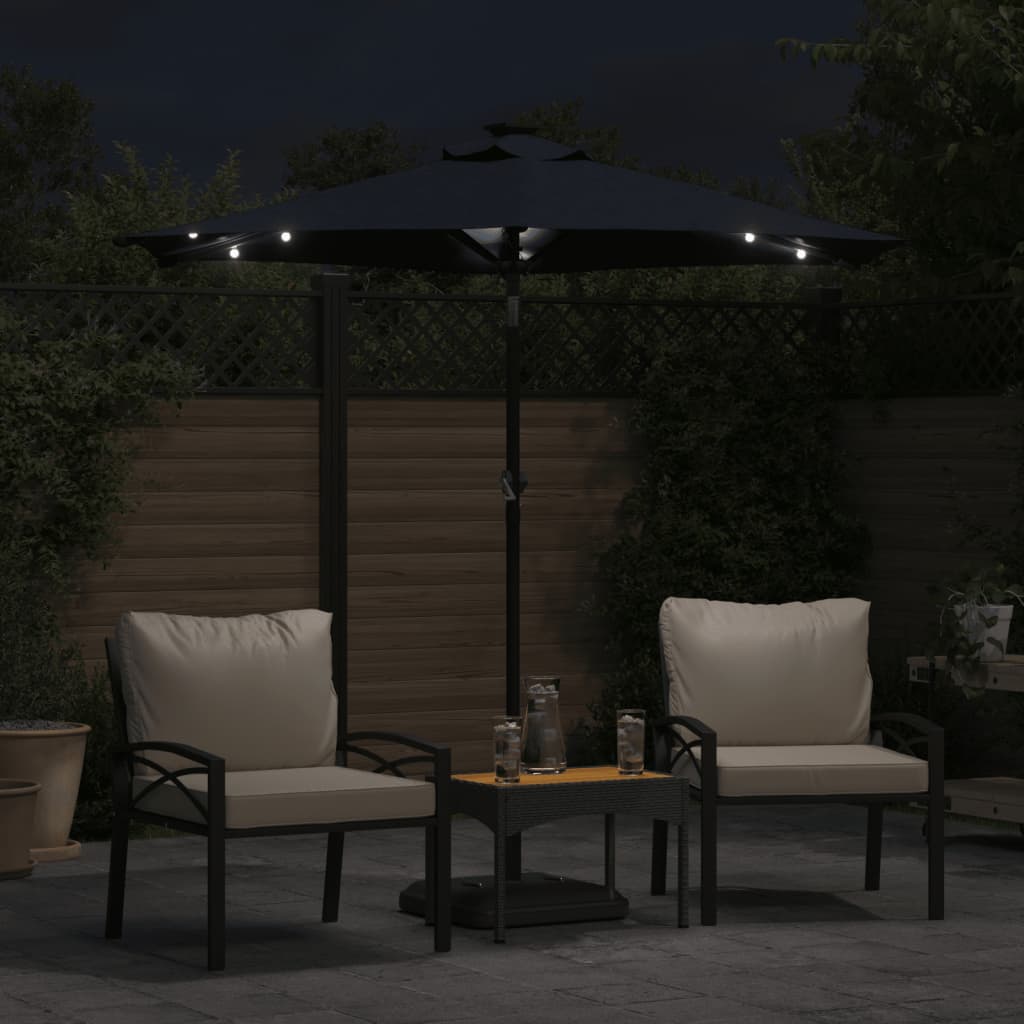 parasol med LED-lys og stålstang 225x225x212 cm sort