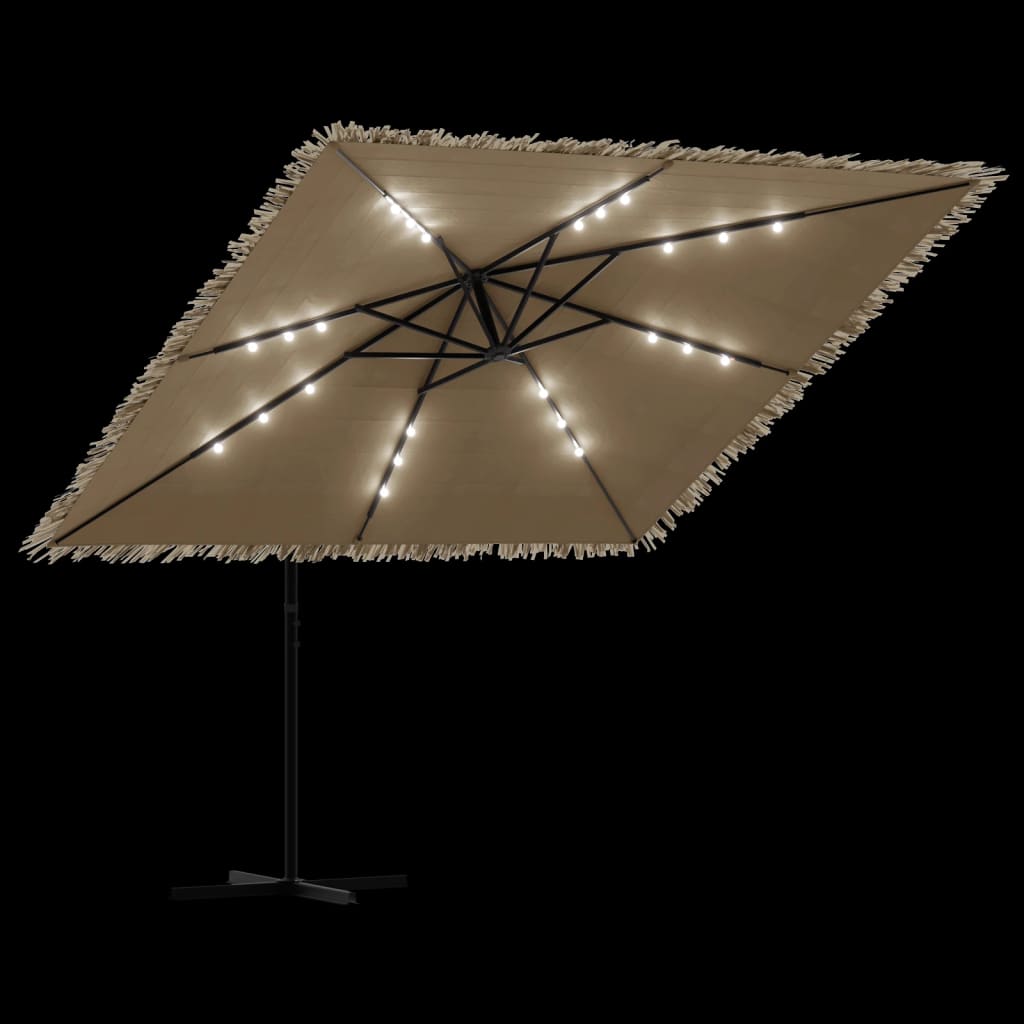 haveparasol med LED-lys og stålstang 269x269x235 cm brun