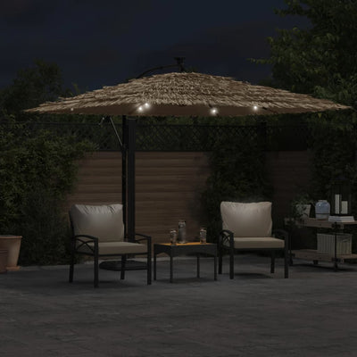 haveparasol med LED-lys og stålstang 290x290x238 cm brun