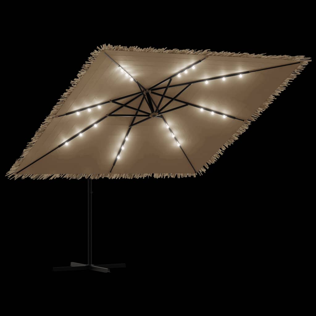 haveparasol med LED-lys og stålstang 290x290x238 cm brun