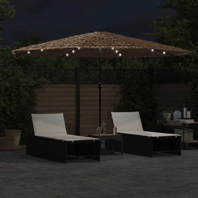 haveparasol med LED-lys og stålstang 388x388x248 cm brun