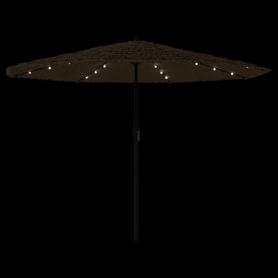 haveparasol med LED-lys og stålstang 388x388x248 cm brun