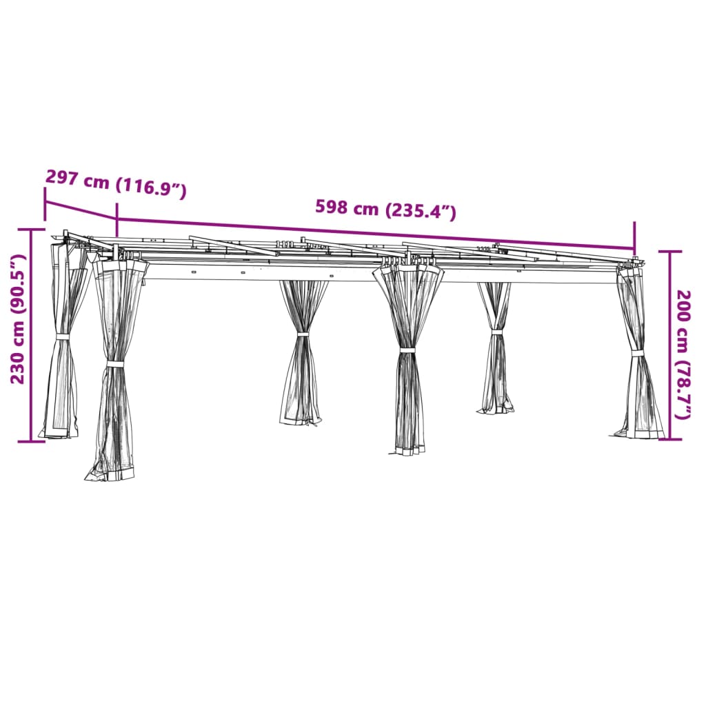 pavillon 6x3 m mesh-vægge stål gråbrun