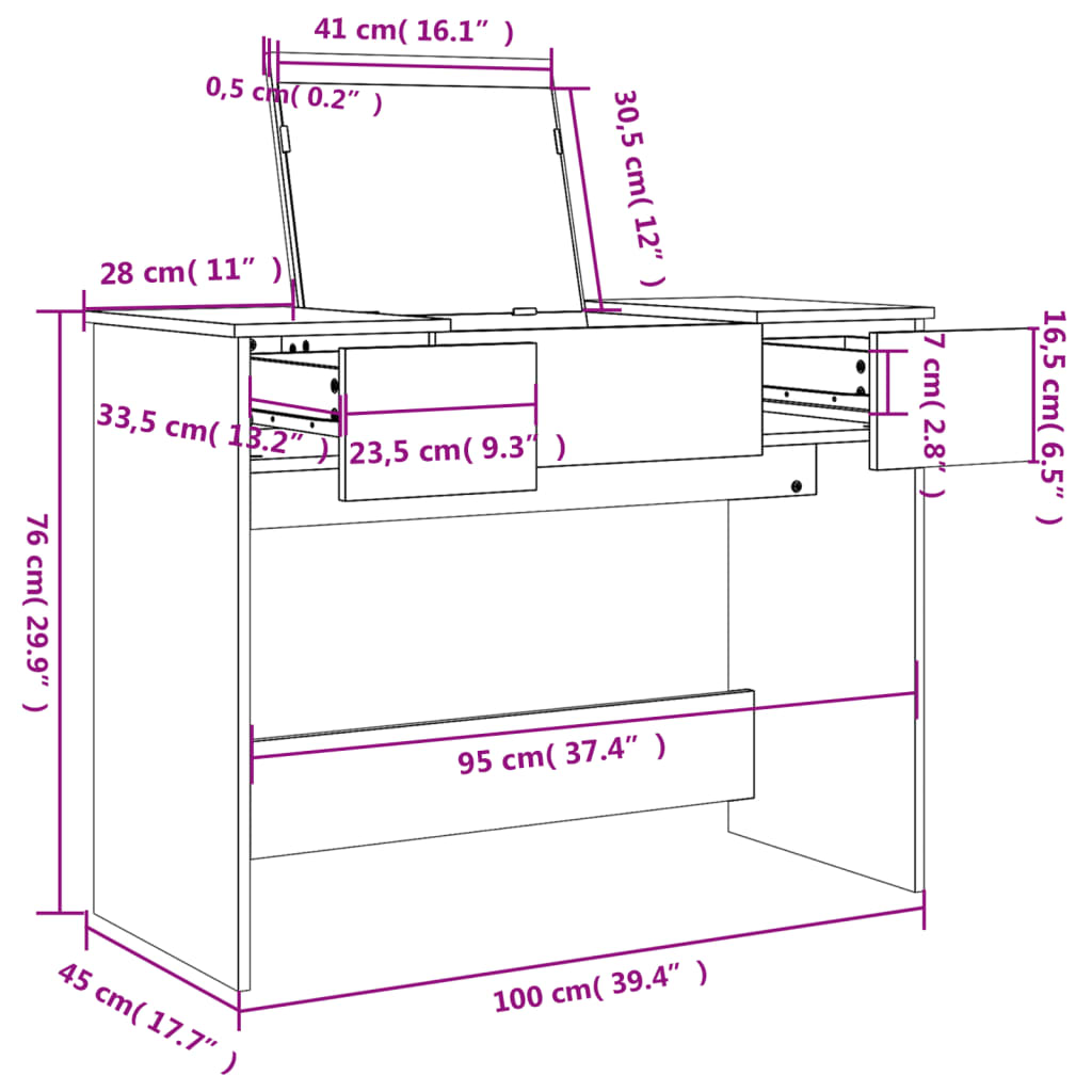 makeupbord med spejl 100x45x76 cm hvid