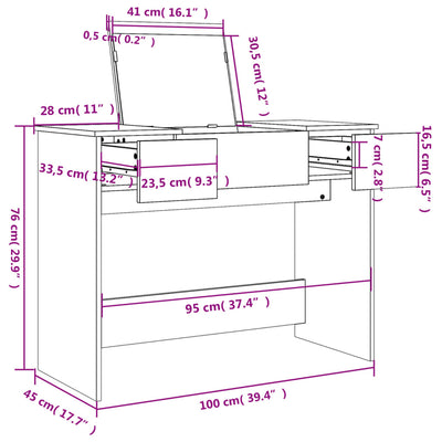 makeupbord med spejl 100x45x76 cm sonoma-eg