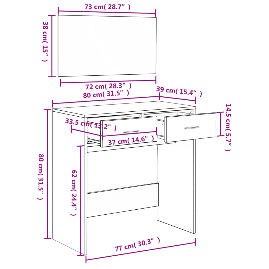 makeupbord med spejl 80x39x80 cm hvid