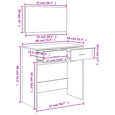 makeupbord med spejl 80x39x80 cm sonoma-eg