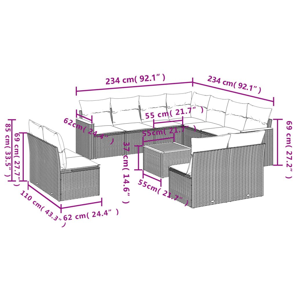 sofasæt til haven 12 dele med hynder polyrattan sort