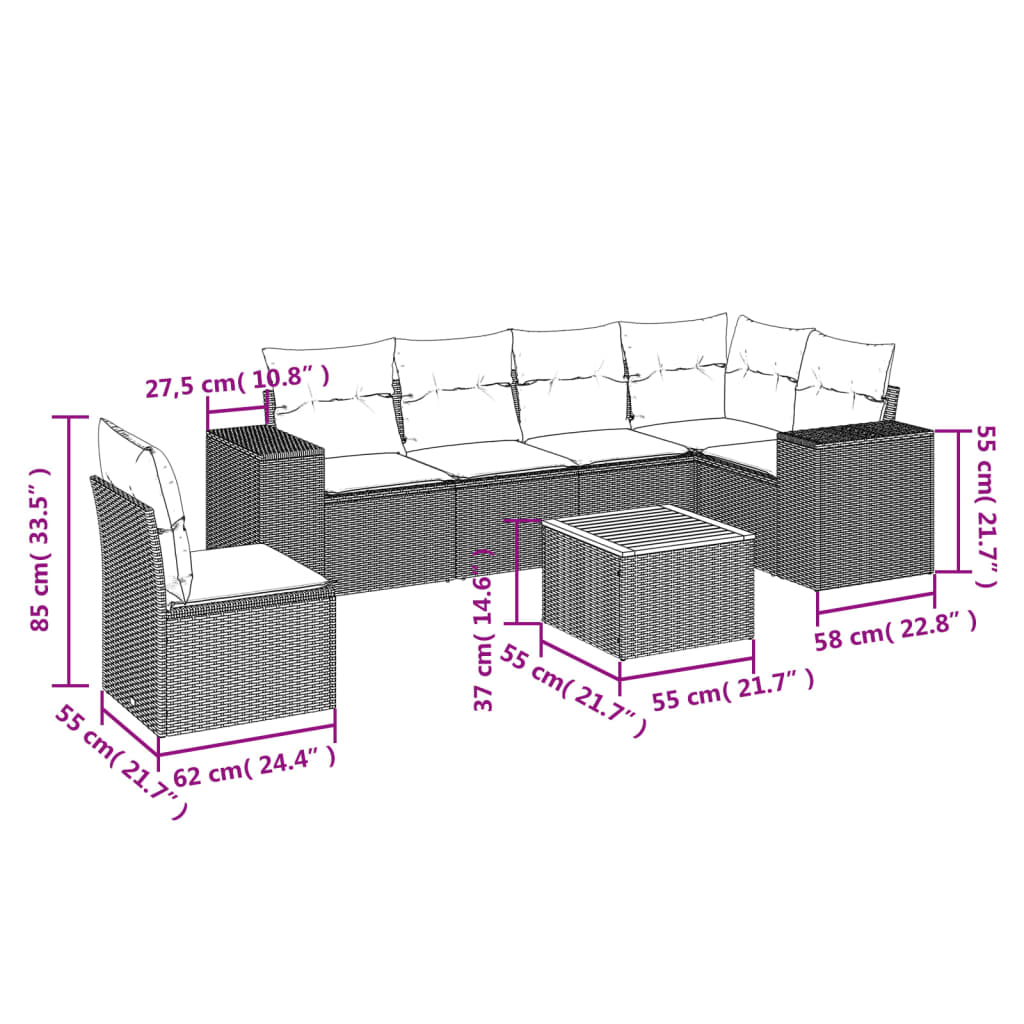 sofasæt til haven 7 dele med hynder polyrattan sort