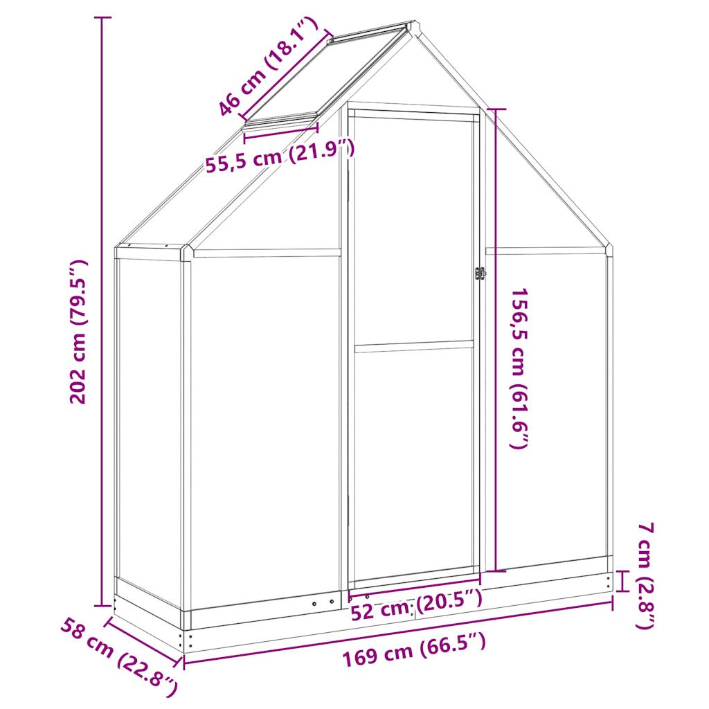 drivhus med fundamentramme 169x58x202 cm aluminium sølvfarvet