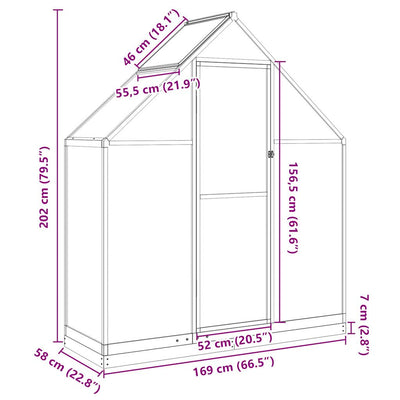 drivhus med fundamentramme 169x58x202 cm aluminium sølvfarvet