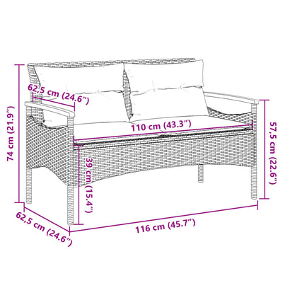 havebænk med hynder 116x62,5x74 cm polyrattan sort