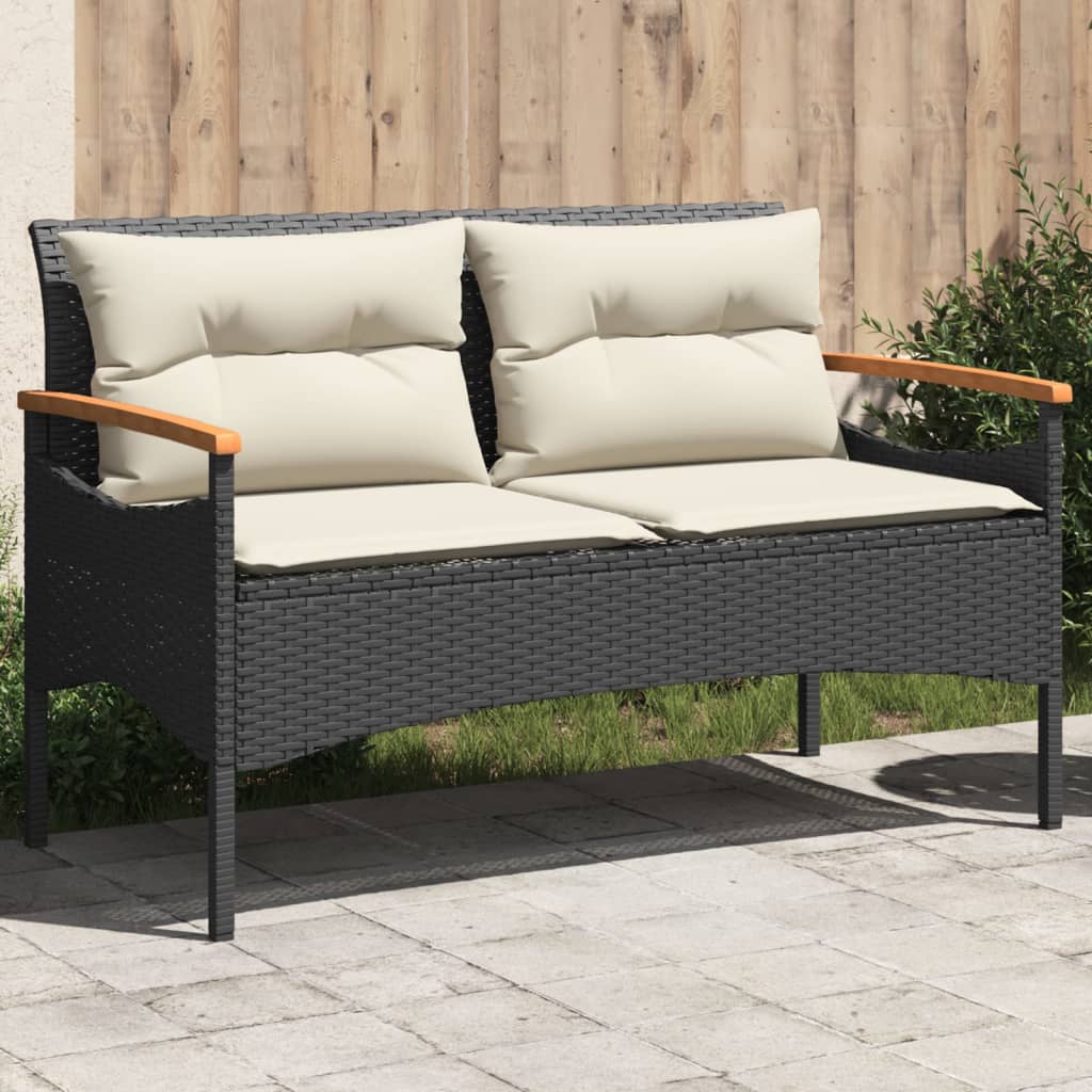 havebænk med hynder 116x62,5x74 cm polyrattan sort