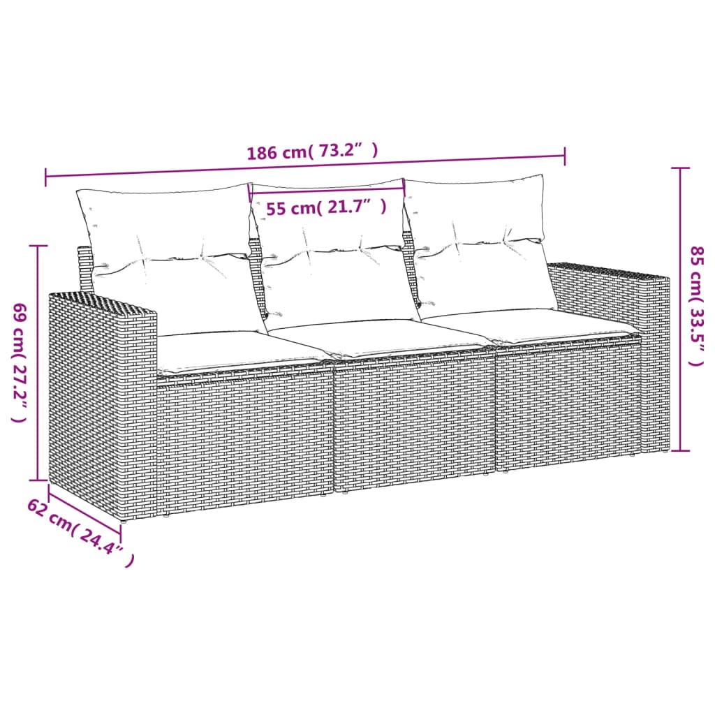 sofasæt til haven 3 dele med hynder polyrattan beige