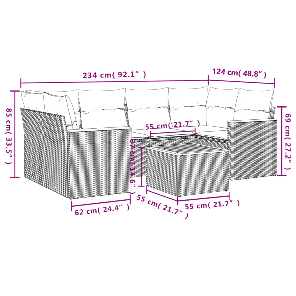 havesofasæt 7 dele med hynder polyrattan beige