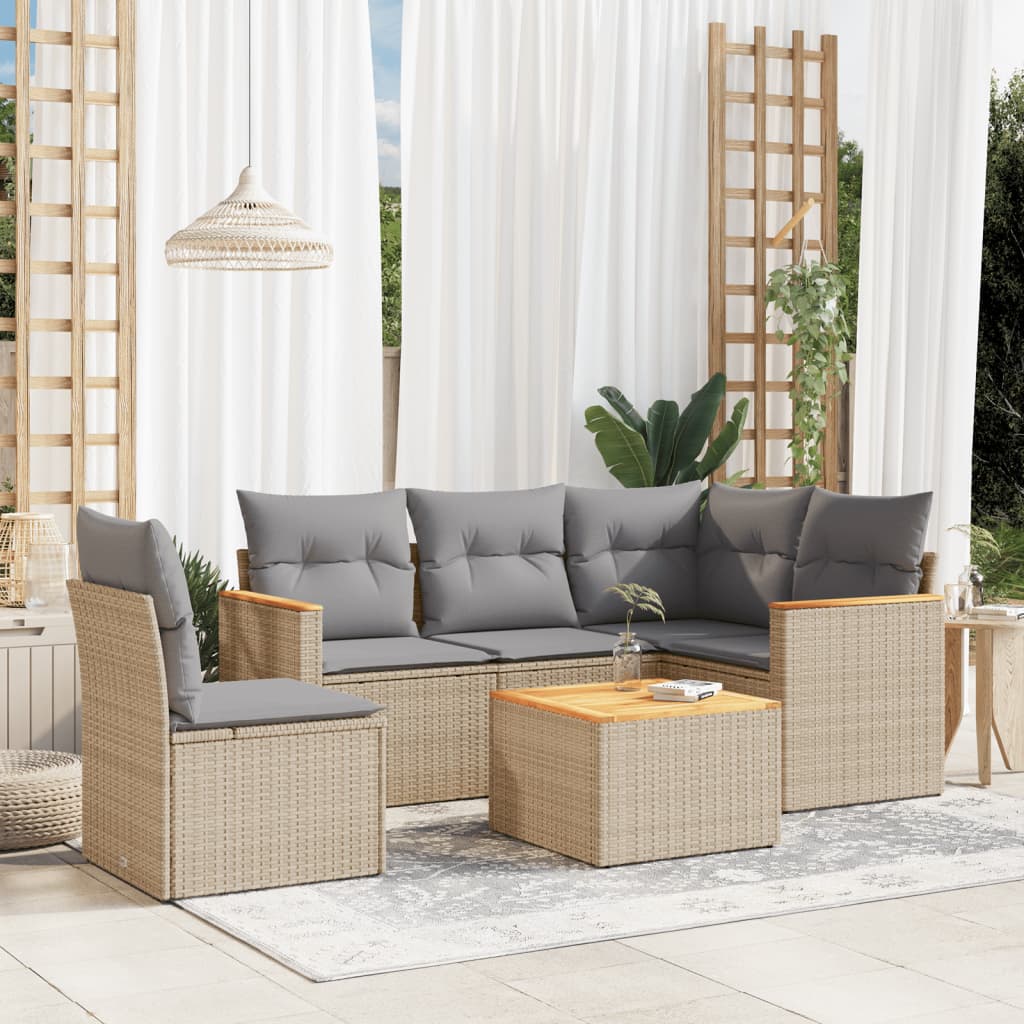 havesofasæt 6 dele med hynder polyrattan beige