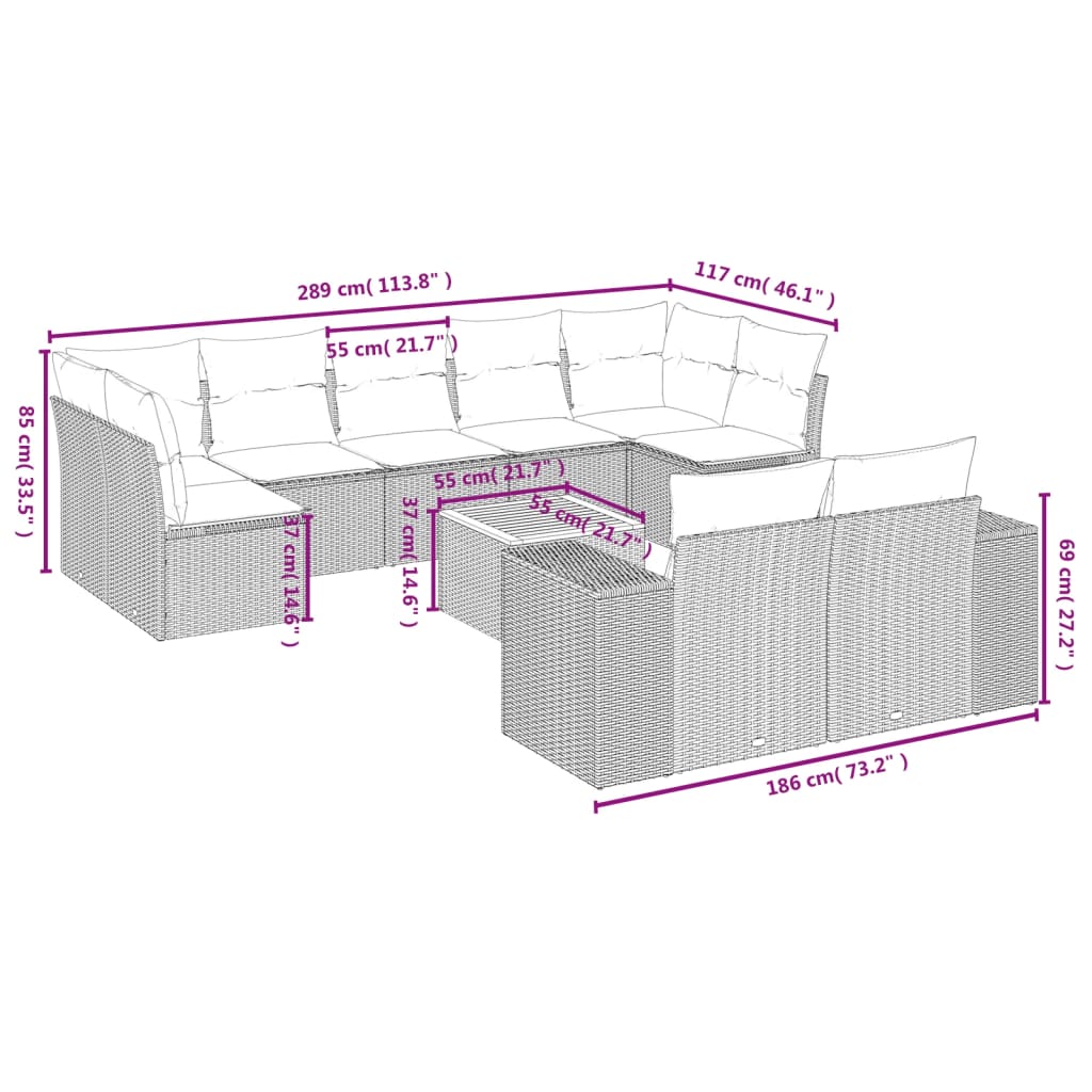 sofasæt til haven 10 dele med hynder polyrattan grå