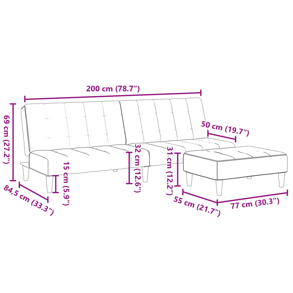 2-personers sovesofa med fodskammel velour blå