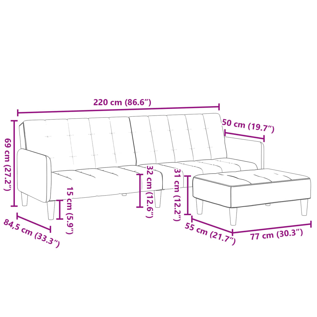 2-personers sovesofa med fodskammel velour blå