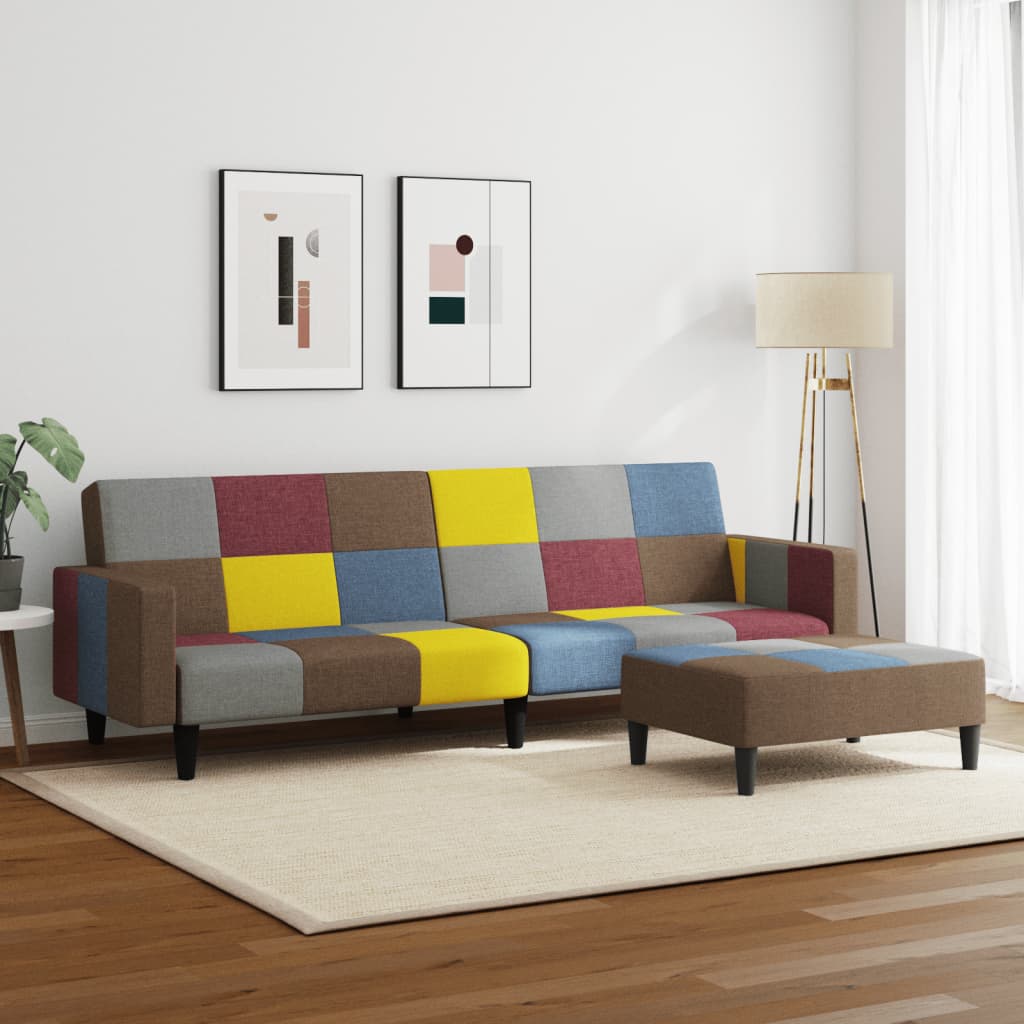 2-personers sovesofa med fodskammel stof patchwork