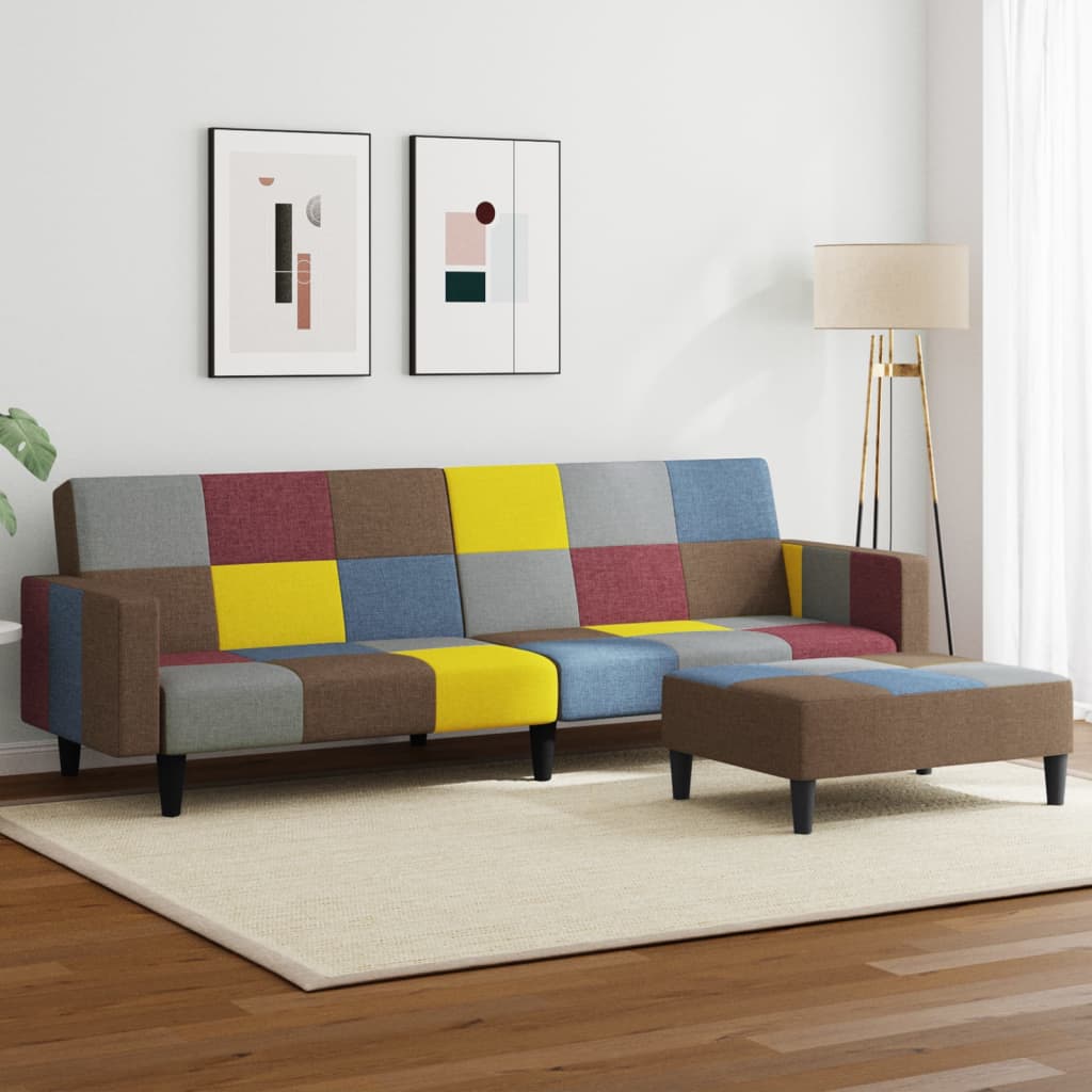 2-personers sovesofa med fodskammel stof patchwork