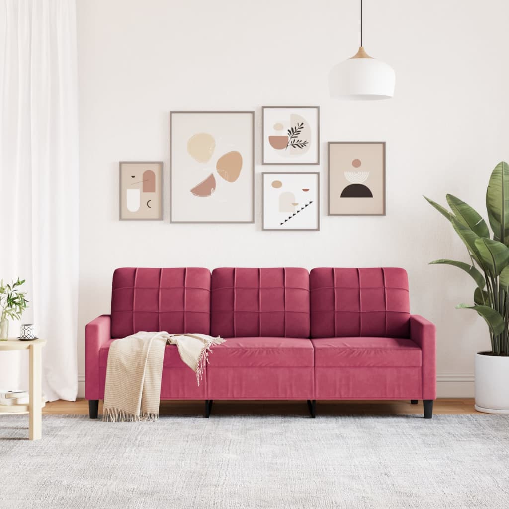 3-personers sofa 180 cm fløjl vinrød