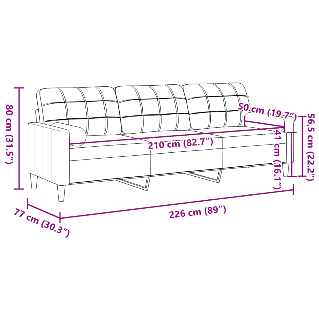 3-personers sofa med pyntepuder 210 cm stof lysegrå